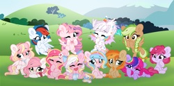 Size: 5485x2722 | Tagged: safe, artist:emberslament, imported from derpibooru, oc, oc:bay breeze, oc:confetti cupcake, oc:ninny, oc:oofy colorful, oc:parlay, oc:retro city, oc:rosa flame, oc:saku, oc:sugar morning, oc:sylvia evergreen, alicorn, bat pony, earth pony, pegasus, pony, unicorn, blushing, bow, bowtie, braid, chibi, clothes, cute, eyes closed, female, flying, freckles, group, hair bow, lying down, mare, mouth hold, one eye closed, outdoors, prone, sitting, socks, spread wings, striped socks, tail, tail bow, unshorn fetlocks, wings, wink