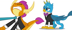 Size: 1280x545 | Tagged: safe, artist:disneymarvel96, edit, imported from derpibooru, vector edit, gallus, smolder, dragon, griffon, bowtie, caught, clothes, dragoness, duo, female, male, necktie, simple background, stuck, suit, tuxedo, vector, white background