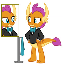 Size: 1280x1329 | Tagged: safe, artist:disneymarvel96, edit, imported from derpibooru, vector edit, smolder, dragon, bowtie, clothes, dragoness, fashion, female, hanging, mirror, necktie, show accurate, simple background, solo, suit, tuxedo, white background