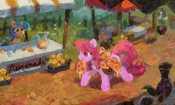 Size: 1680x1010 | Tagged: safe, artist:orchidpony, imported from derpibooru, berry punch, berryshine, lemon hearts, earth pony, pony, unicorn, carrying, context is for the weak, female, food, lemon, mare, market, outdoors, pizza, scenery, stall, wat