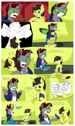 Size: 8700x14616 | Tagged: safe, artist:khaki-cap, imported from derpibooru, oc, oc:khaki-cap, oc:tommy the human, alicorn, changeling, pony, comic:magical mishaps, alicorn oc, book, burp, changeling oc, commissioner:bigonionbean, digital art, horn, house, hug, magic, pony oc, spell, text, twitch, twitching, wings, writer:bigonionbean