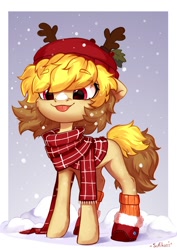 Size: 848x1200 | Tagged: safe, artist:sofiko-ko, imported from derpibooru, oc, oc only, earth pony, pony, antlers, boots, clothes, scarf, shoes, smiling, snow, snowfall, socks, solo, tongue out