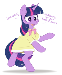 Size: 1400x1690 | Tagged: safe, artist:higgly-chan, imported from derpibooru, twilight sparkle, pony, unicorn, sweet and elite, adorkable, bipedal, birthday dress, clothes, cute, dancing, do the sparkle, dork, dress, female, jerma985, mare, simple background, solo, twiabetes, unicorn twilight, white background