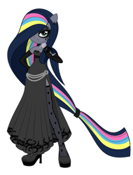 Size: 780x1024 | Tagged: safe, artist:reitanna-seishin, imported from derpibooru, oc, oc only, oc:minkie pie, equestria girls, bags under eyes, clothes, dress, ear piercing, earring, equestria girls-ified, female, goth, gothic, jewelry, makeup, microphone, obsidian pie, piercing, rainbow power, rainbow power-ified, solo