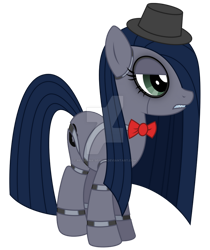 Size: 818x976 | Tagged: safe, artist:reitanna-seishin, imported from derpibooru, oc, oc only, oc:minkie pie, earth pony, pony, robot, robot pony, five nights at aj's, animatronic, bags under eyes, bowtie, clothes, deviantart watermark, female, five nights at freddy's, five nights at pinkie's, hat, mare, obsidian pie, obtrusive watermark, simple background, solo, transparent background, watermark