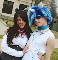 Size: 1048x1081 | Tagged: safe, artist:yokumasaki, imported from derpibooru, dj pon-3, octavia melody, vinyl scratch, human, 2015, clothes, cosplay, costume, duo, headphones, irl, irl human, photo