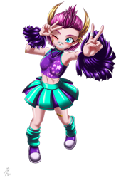 Size: 1821x2574 | Tagged: safe, artist:mauroz, imported from derpibooru, smolder, human, bandaid, bandaid on nose, cheerleader, cheerleader outfit, cheerleader smolder, clothes, converse, cute, humanized, looking at you, one eye closed, peace sign, shoes, simple background, smolderbetes, sneakers, solo, transparent background, wink, winking at you