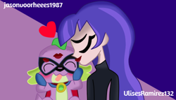 Size: 482x276 | Tagged: safe, artist:jasonvoorhees1987, artist:ulisesramirez132, imported from derpibooru, humdrum, spike, dog, equestria girls, heart, kiss mark, kissing, lipstick, power ponies, shipping, spike the dog, zatanna, zataspike, zee zatara