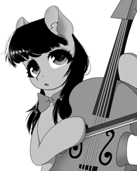 Size: 4000x5000 | Tagged: safe, artist:rise_of_evil_69, imported from derpibooru, octavia melody, earth pony, pony, background pony, black and white, bowtie, cello, cute, female, grayscale, looking at you, manga, mare, monochrome, musical instrument, open mouth, simple background, solo, white background, windswept mane