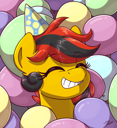 Size: 2332x2550 | Tagged: safe, artist:eisky, derpibooru exclusive, imported from derpibooru, oc, oc only, oc:southern belle, earth pony, balloon, hat, party balloon, party hat, smiling, that pony sure does love balloons