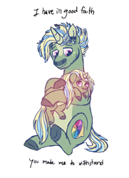 Size: 1028x1418 | Tagged: safe, artist:queenderpyturtle, imported from derpibooru, oc, oc only, pony, unicorn, female, filly, foal, holding a pony, male, simple background, stallion, white background