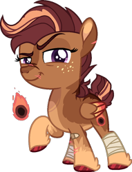 Size: 696x909 | Tagged: safe, artist:rickysocks, imported from derpibooru, scootaloo, pegasus, pony, :t, alternate design, bandage, bandaid, female, filly, foal, folded wings, full body, hoof polish, hooves, raised hoof, simple background, smiling, solo, standing, transparent background, wings