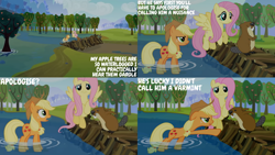 Size: 1280x720 | Tagged: safe, edit, edited screencap, editor:quoterific, imported from derpibooru, screencap, applejack, fluttershy, earth pony, pegasus, pony, keep calm and flutter on, season 3, apple, applejack's hat, cowboy hat, female, flying, food, hat, mare, open mouth, spread wings, tree, wings