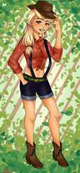 Size: 462x1000 | Tagged: safe, artist:akaruiyoso, imported from derpibooru, applejack, human, boots, clothes, cowboy boots, cowboy hat, denim shorts, female, hat, humanized, leaves, shoes, shorts, solo, suspenders