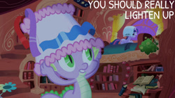 Size: 1280x720 | Tagged: safe, edit, edited screencap, editor:quoterific, imported from derpibooru, screencap, spike, twilight sparkle, dragon, pony, unicorn, friendship is magic, season 1, duo, female, golden oaks library, male, mare, night, pillow, pillow hat, pun, unicorn twilight