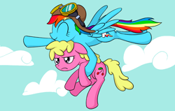 Size: 1392x886 | Tagged: safe, artist:reconprobe, imported from derpibooru, cherry berry, rainbow dash, earth pony, pegasus, pony, aviator hat, carrying, duo, flying, hat