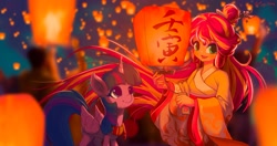 Size: 1920x1013 | Tagged: safe, artist:tinybenz, imported from derpibooru, sunset shimmer, twilight sparkle, alicorn, human, pony, equestria girls, chinese new year, clothes, duo, lantern, paper lantern, scarf, twilight sparkle (alicorn)