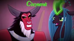 Size: 548x303 | Tagged: safe, edit, edited screencap, imported from derpibooru, screencap, lord tirek, queen chrysalis, centaur, changeling, changeling queen, taur, frenemies (episode), caption, chrysirek, couple, female, image macro, in love, male, me gusta, shipping, smiling, smirk, straight, text