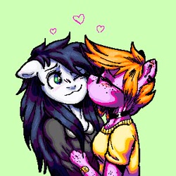 Size: 300x300 | Tagged: safe, artist:porcelanowyokular, imported from derpibooru, oc, oc only, anthro, earth pony, blushing, bust, cheek kiss, choker, clothes, earth pony oc, female, glasses, green background, heart, kissing, lesbian, oc x oc, one eye closed, shipping, simple background, wink