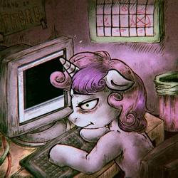 Size: 560x560 | Tagged: safe, artist:porcelanowyokular, imported from derpibooru, sweetie belle, pony, unicorn, computer, female, filly, foal, frown, indoors, solo