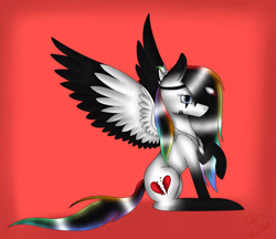 Size: 2633x2277 | Tagged: safe, artist:maneblue, imported from derpibooru, oc, oc only, pegasus, pony, colored wings, heartbreak, pegasus oc, raised hoof, red background, simple background, sitting, solo, two toned wings, wings