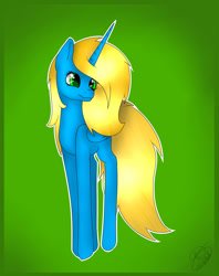 Size: 2177x2754 | Tagged: safe, artist:maneblue, imported from derpibooru, oc, oc only, alicorn, pony, alicorn oc, green background, horn, signature, simple background, smiling, solo, wings