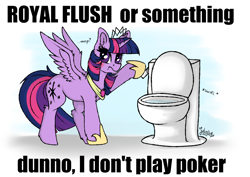 Size: 4093x2894 | Tagged: safe, artist:julunis14, imported from derpibooru, twilight sparkle, alicorn, pony, blushing, crown, digital art, female, hoof shoes, jewelry, mare, meme, poker, pun, regalia, signature, solo, spread wings, text, toilet, twilight sparkle (alicorn), visual pun, wings