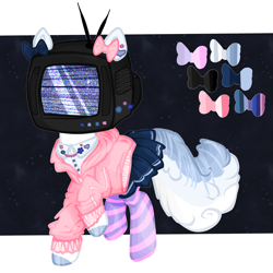 Size: 2449x2449 | Tagged: safe, artist:ponsel, imported from derpibooru, oc, oc only, earth pony, pony, aesthetics, bow, clothes, dreamcore, earth pony oc, hair bow, skirt, socks, solo, stockings, striped socks, television, thigh highs, weirdcore