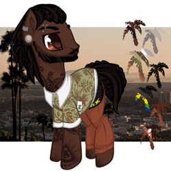 Size: 2125x2125 | Tagged: safe, artist:ponsel, imported from derpibooru, oc, oc only, earth pony, pony, beard, clothes, ear piercing, earth pony oc, facial hair, looking back, male, piercing, solo, stallion, tattoo