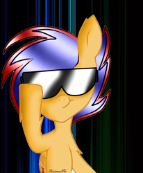 Size: 660x802 | Tagged: safe, artist:yulianapie26, imported from derpibooru, oc, oc only, pegasus, pony, abstract background, pegasus oc, smiling, smirk, solo, sunglasses, wings