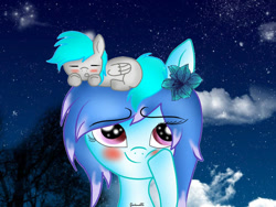 Size: 880x660 | Tagged: safe, artist:yulianapie26, imported from derpibooru, oc, oc only, earth pony, pegasus, pony, blushing, cloud, duo, earth pony oc, flower, flower in hair, night, pegasus oc, ponies riding ponies, riding, sleeping, stars, wings