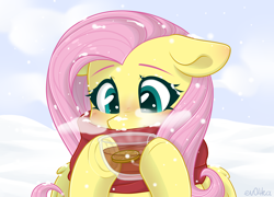 Size: 2778x1996 | Tagged: safe, artist:ev04ka, artist:ev04kaa, imported from derpibooru, fluttershy, pegasus, pony, blushing, breath, clothes, cup, cute, female, floppy ears, food, mare, rcf community, scarf, shyabetes, snow, snowfall, solo, tea