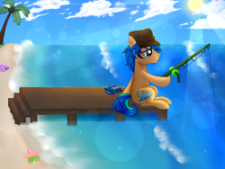 Size: 1600x1200 | Tagged: safe, artist:kaikururu, imported from derpibooru, oc, oc only, earth pony, pony, beach, fishing, fishing rod, hat, male, outdoors, palm tree, pier, sitting, solo, stallion, sun, tree