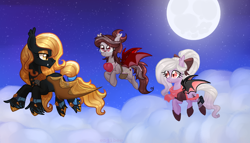 Size: 2100x1200 | Tagged: safe, artist:kaikururu, imported from derpibooru, fluttershy, oc, oc only, bat pony, pony, bat pony oc, bat wings, cloud, eyelashes, female, full moon, glasses, hoof fluff, looking back, mare, moon, night, stars, wings