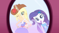 Size: 3410x1920 | Tagged: safe, imported from derpibooru, screencap, applejack, rarity, eqg summertime shorts, equestria girls, make up shake up, bare shoulders, cowboy hat, cute, duo, duo female, fall formal outfits, female, hairpin, hand on hip, hat, high res, jackabetes, mirror, mouth hold, one eye closed, reflection, sleeveless, smiling, strapless, wink