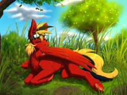 Size: 2000x1500 | Tagged: safe, artist:twotail813, imported from derpibooru, oc, oc only, oc:twotail, pegasus, pony, eyes closed, female, goggles, grass, grooming, mare, pegasus oc, preening, solo, tree, wings