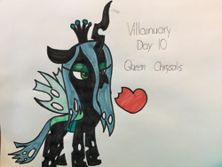 Size: 900x675 | Tagged: safe, artist:tigeressbird324, imported from derpibooru, queen chrysalis, changeling, changeling queen, crown, eating, female, heart, jewelry, mare, regalia, solo, traditional art