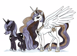 Size: 2464x1791 | Tagged: safe, artist:nambnb, imported from derpibooru, princess celestia, princess luna, alicorn, pony, duo, duo female, female, looking at you, mare, royal sisters, s1 luna, siblings, simple background, sisters, white background