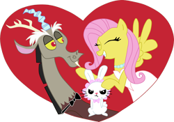 Size: 2622x1833 | Tagged: safe, artist:heinousflame, imported from derpibooru, discord, fluttershy, draconequus, pegasus, pony, rabbit, angel bunny is not amused, animal, bowtie, discoshy, female, heart, male, mare, shipping, simple background, straight, transparent background