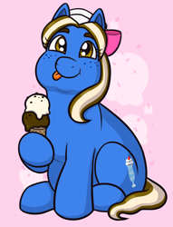 Size: 1280x1673 | Tagged: safe, artist:verikoira, imported from derpibooru, oc, oc only, oc:sundae shake, earth pony, pony, bow, chubby, commission, fat, female, freckles, hair bow, ice cream cone, licking, licking lips, mare, plump, solo, tongue out