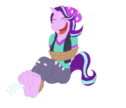 Size: 786x672 | Tagged: safe, artist:irkingir, imported from derpibooru, starlight glimmer, anthro, plantigrade anthro, equestria girls, arm behind back, barefoot, bondage, brush, crying, eyes closed, feather, feet, fetish, foot fetish, foot focus, laughing, open mouth, rope, rope bondage, simple background, soles, tears of laughter, tickling, tied up, white background
