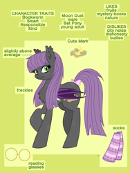 Size: 3456x4608 | Tagged: safe, artist:dreamy990, imported from derpibooru, oc, oc only, oc:moon dust, bat pony, pony, clothes, female, mare, reference sheet, socks, solo, striped socks