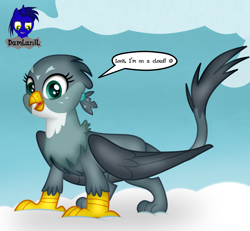 Size: 4154x3840 | Tagged: safe, artist:damlanil, imported from derpibooru, gabby, griffon, cloud, comic, cute, female, gabbybetes, happy, looking at you, on a cloud, open mouth, show accurate, solo, speech bubble, standing, standing on a cloud, talking to viewer, text, vector, wings