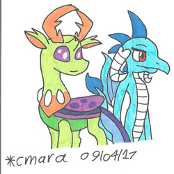 Size: 771x767 | Tagged: safe, artist:cmara, imported from derpibooru, princess ember, thorax, changedling, changeling, dragon, dragoness, duo, embrax, female, king thorax, male, shipping, simple background, straight, traditional art, white background