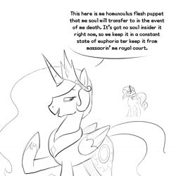 Size: 1280x1280 | Tagged: safe, artist:queertrixie, imported from derpibooru, princess celestia, sunset shimmer, alicorn, pony, unicorn, duo, duo female, female, mare, monochrome, pirate talk