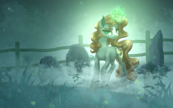 Size: 1280x800 | Tagged: safe, artist:shaslan, imported from derpibooru, oc, oc only, pony, unicorn, blaze (coat marking), coat markings, facial markings, fence, fog, glowing, glowing horn, grass, gravestone, horn, looking at you, night, solo