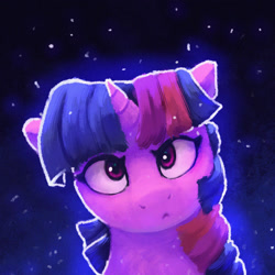 Size: 1600x1600 | Tagged: safe, artist:thefloatingtree, imported from derpibooru, twilight sparkle, pony, unicorn, :c, abstract background, floppy ears, frown, horn, solo, starry background