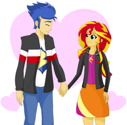 Size: 1990x1952 | Tagged: safe, artist:maravor, imported from derpibooru, flash sentry, sunset shimmer, equestria girls, clothes, cute, duo, female, flashimmer, heart, jacket, looking at each other, looking at someone, male, shimmerbetes, shipping, skirt, straight