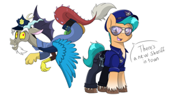 Size: 1024x580 | Tagged: safe, artist:marieini, editor:zcord, imported from derpibooru, part of a set, discord, hitch trailblazer, draconequus, earth pony, pony, commission, commissioner:zcord, discop, duo, duo male, g5, grin, hat, key, male, my little pony: a new generation, necktie, open mouth, open smile, police officer, police uniform, sheriff, simple background, smiling, speech bubble, stallion, sunglasses, white background