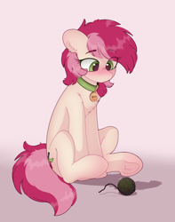 Size: 1582x2008 | Tagged: safe, artist:flixanoa, imported from derpibooru, roseluck, earth pony, pony, behaving like a cat, blushing, chest fluff, collar, cute, ear fluff, eye clipping through hair, eyebrows, eyebrows visible through hair, female, floppy ears, flower, hooves, lovely, mare, rosabetes, rose, rosepet, shadow, signature, sitting, solo, tail, two toned mane, two toned tail, underhoof, yarn, yarn ball